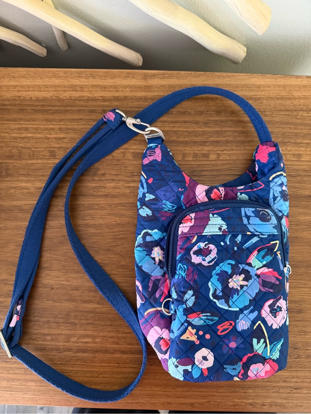 Travelon Navy Quilted Crossbody with Pink & Blue Floral Print